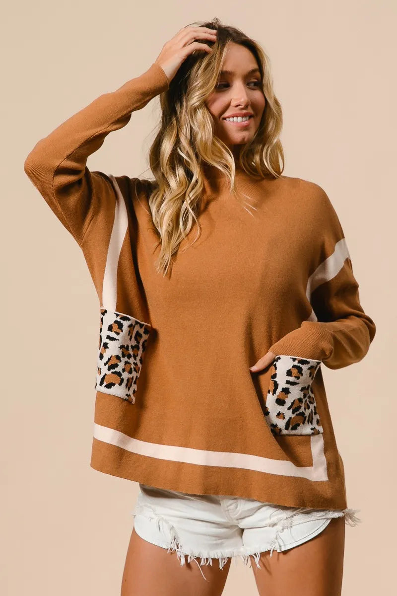 Image of BiBi Mock Neck Sweater with Leopard Pocket | Queeble.shop