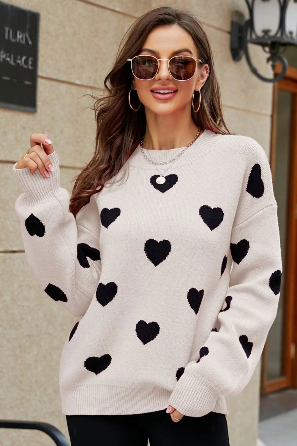 Image of Woven Right Heart Pattern Lantern Sleeve Round Neck Tunic Sweater | Queeble.shop