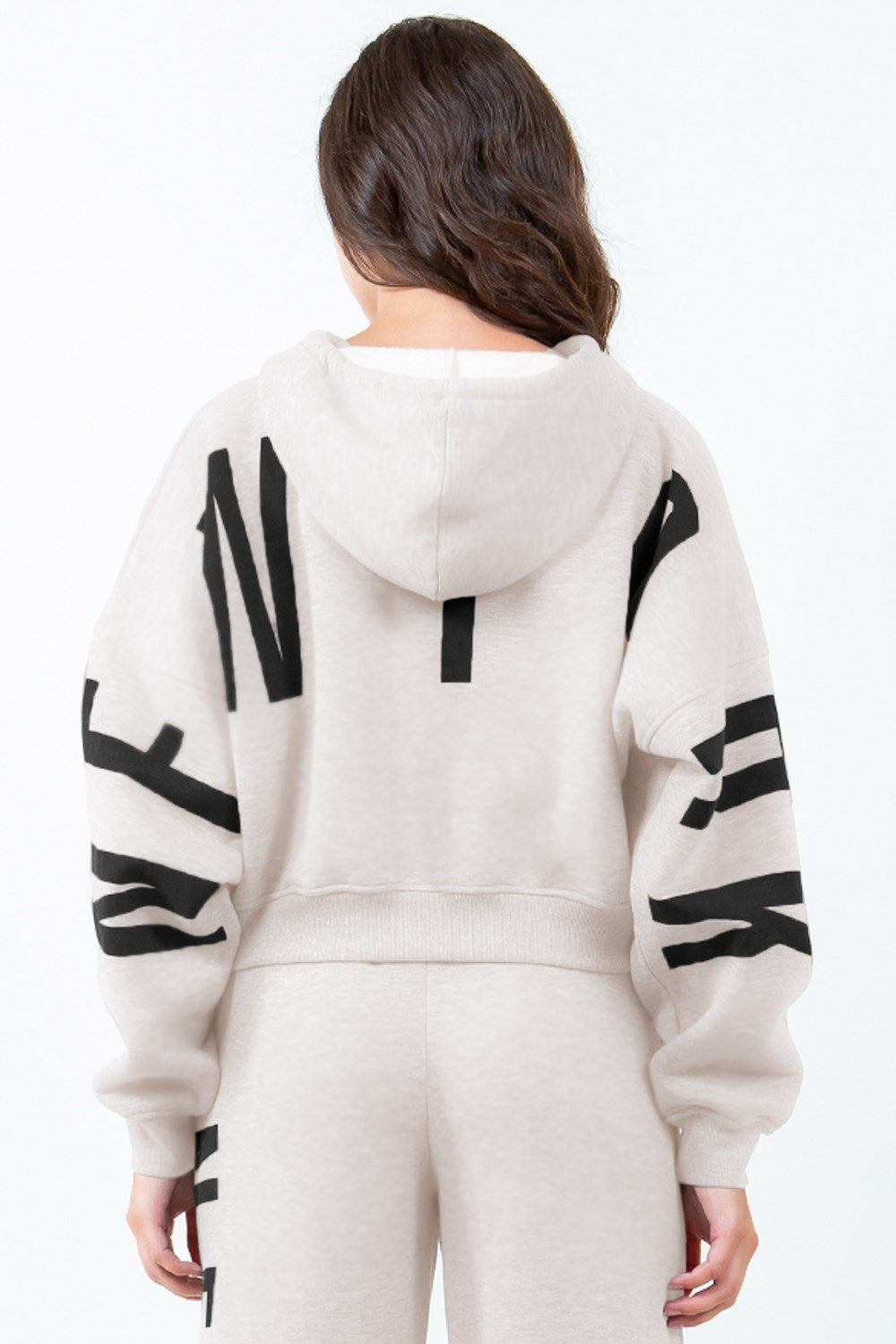 Image of American Bazi Letter Graphic Long Sleeve Drawstring Cropped Hoodie | Queeble.shop