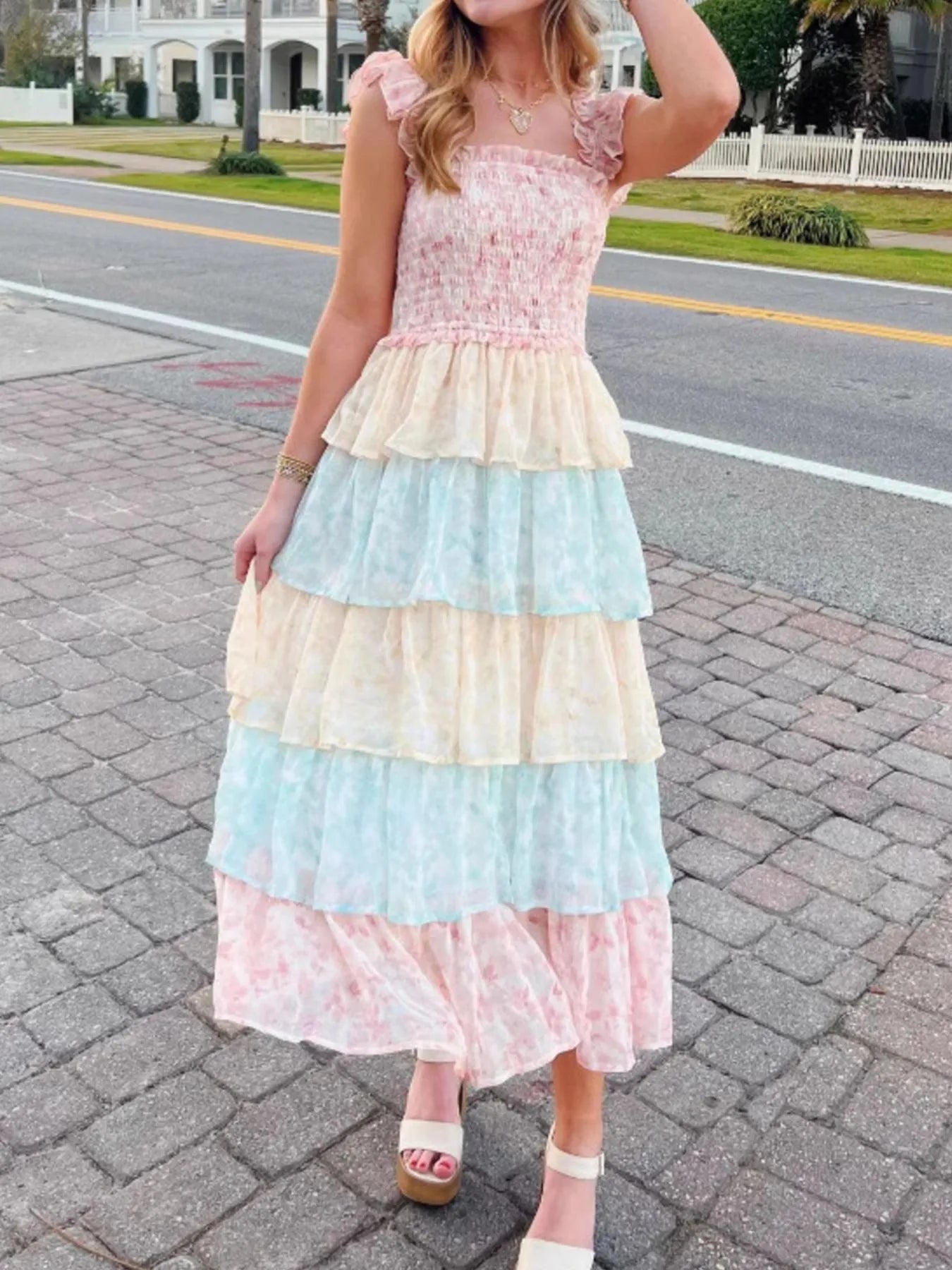Image of Smocked Ruffle Layered Floral Midi Dress | Queeble.shop