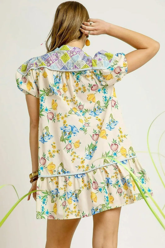 Image of Umgee Floral Print Tie Neck Puff Sleeve Dress | Queeble.shop