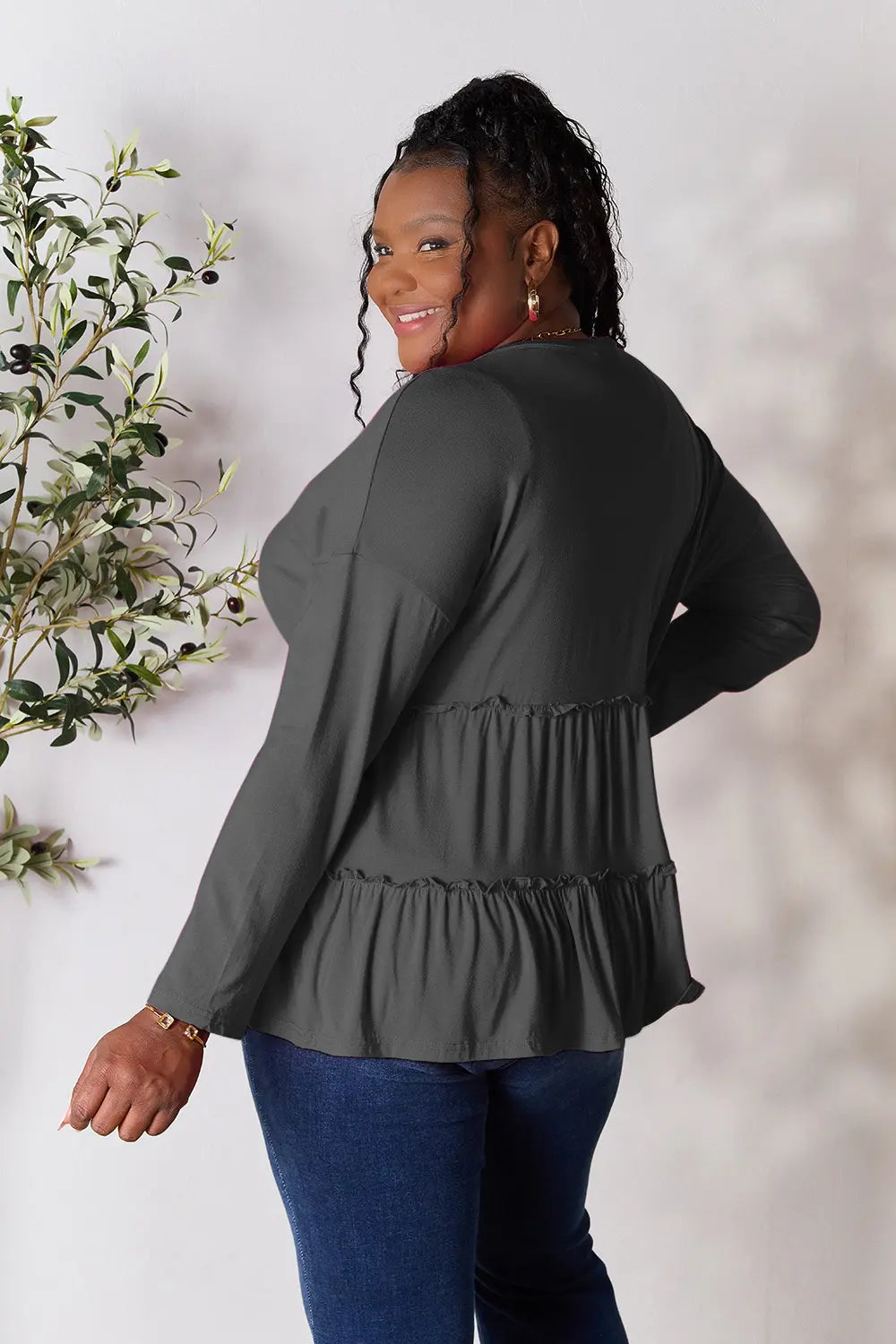 Image of Double Take Half Button Long Sleeve Ruffle Hem Blouse | Queeble.shop