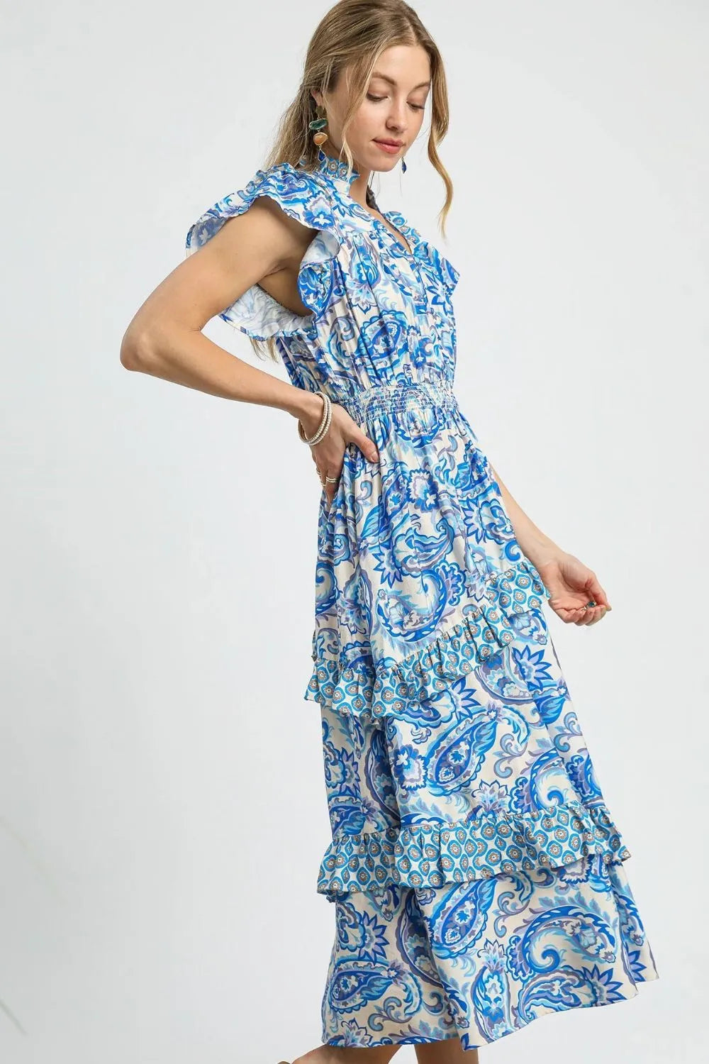 Image of Umgee Paisley Print Ruffle Sleeve Midi Dress | Queeble.shop