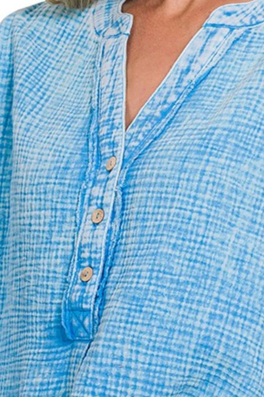 Image of Zenana Washed Double Gauze 3/4 Button Henley Neck Shirt | Queeble.shop