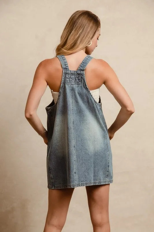 Image of BiBi Washed Adjustable Strap Denim Overall Dress | Queeble.shop