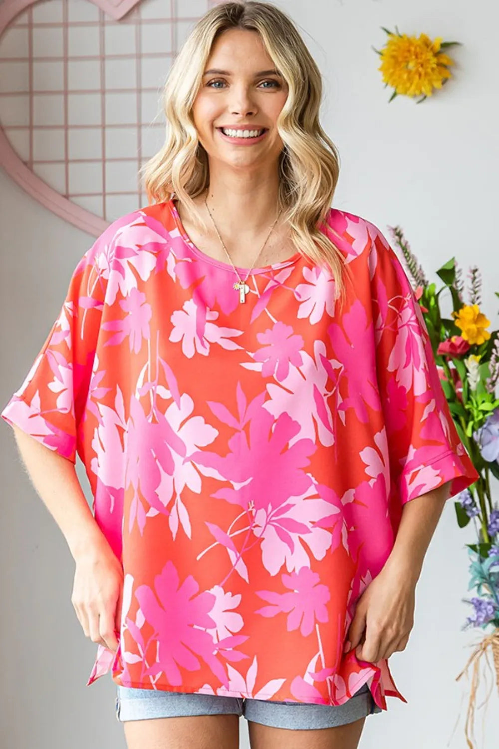 Image of First Love Slit Printed Round Neck Half Sleeve Blouse | Queeble.shop