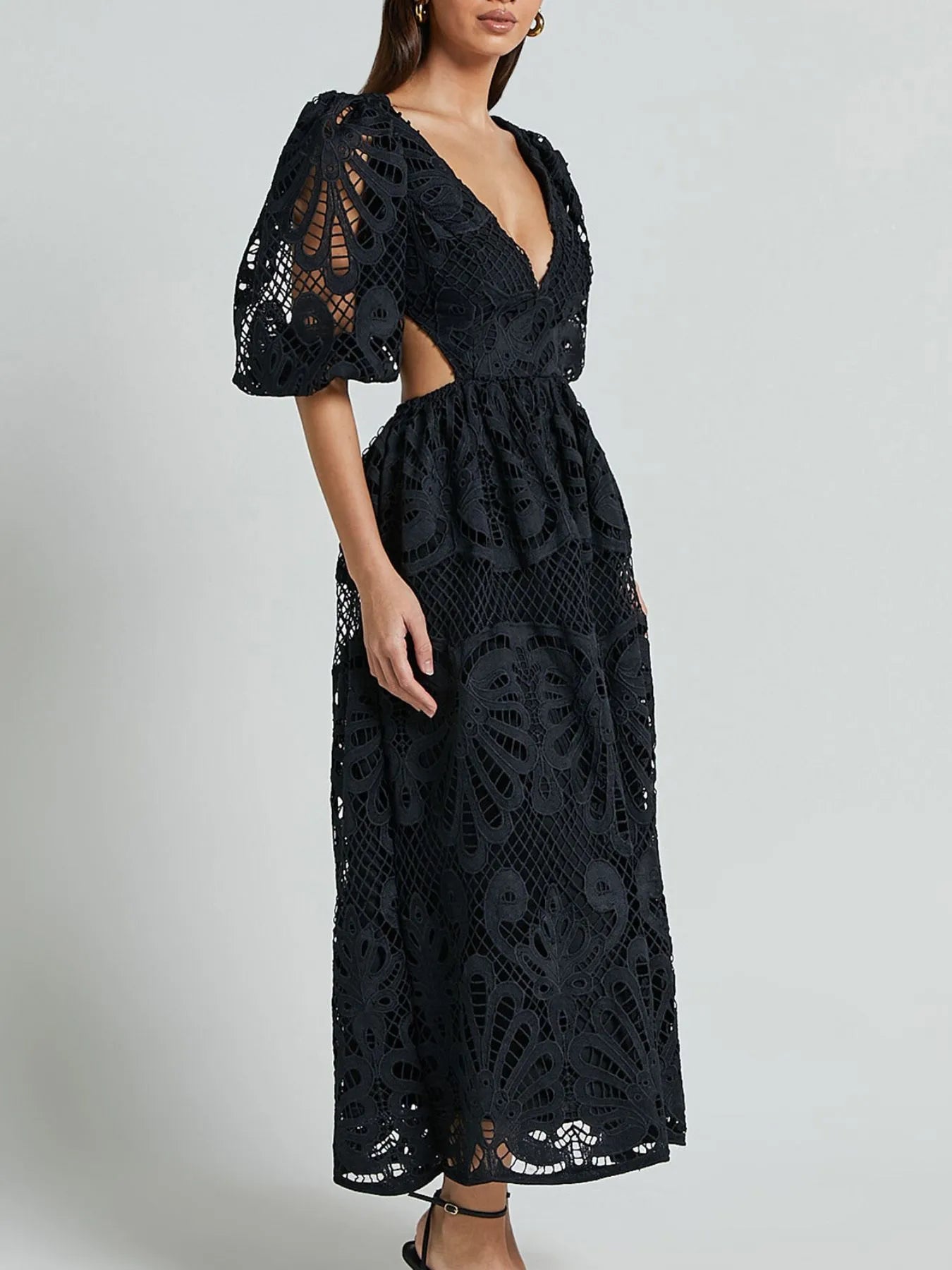 Image of Cutout Back Lace Crochet V-Neck Dress | Queeble.shop