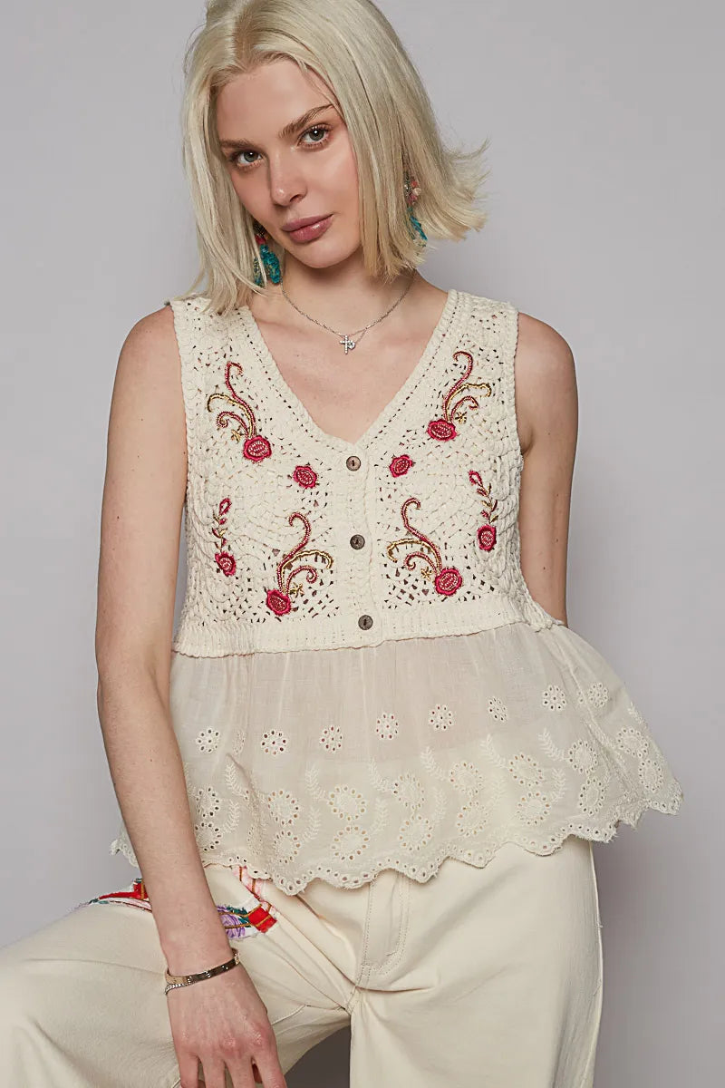 Image of POL Embroidered Detail V-Neck Eyelet Peplum Tank | Queeble.shop