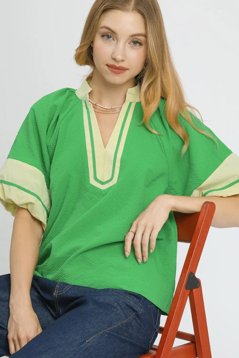 Image of Umgee Contrast Trim Notched Puff Sleeve Blouse | Queeble.shop