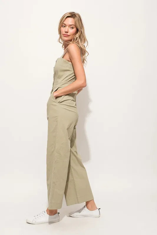Image of And The Why Square Neck Button Down Cropped Wide Leg Jumpsuit | Queeble.shop