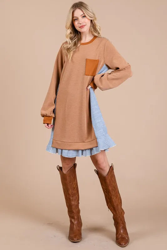 Image of Ces Femme Striped Patchwork Round Neck Terry Sweatshirt Dress | Queeble.shop