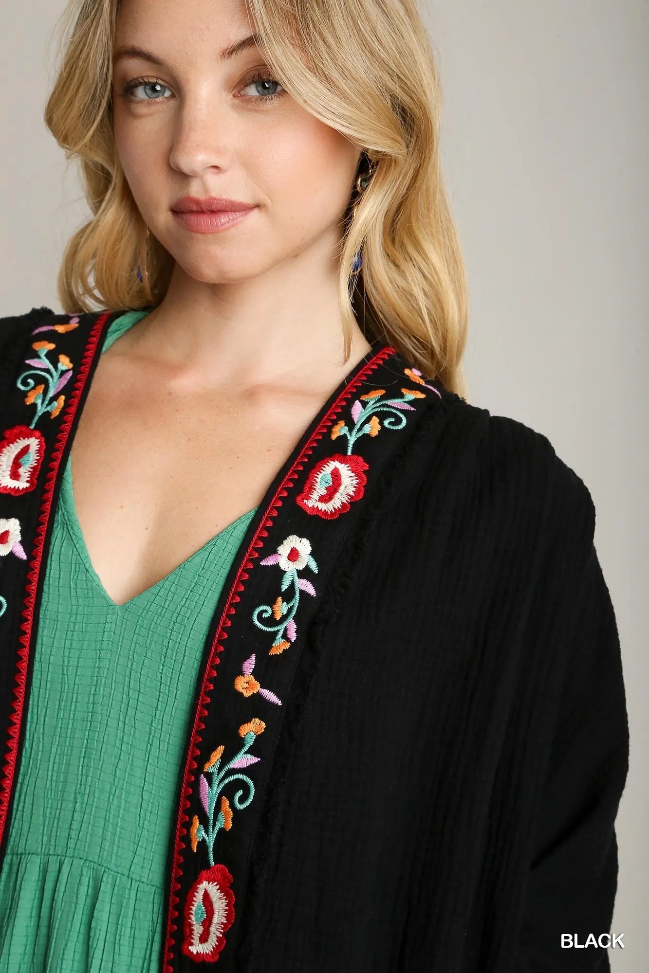 Image of Umgee Embroidery Open Front Kimono with Pleated Shoulder Detail | Queeble.shop