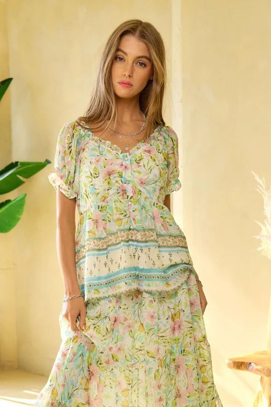 Image of Davi & Dani Spring Floral Border Print Ruffled Textured Top | Queeble.shop