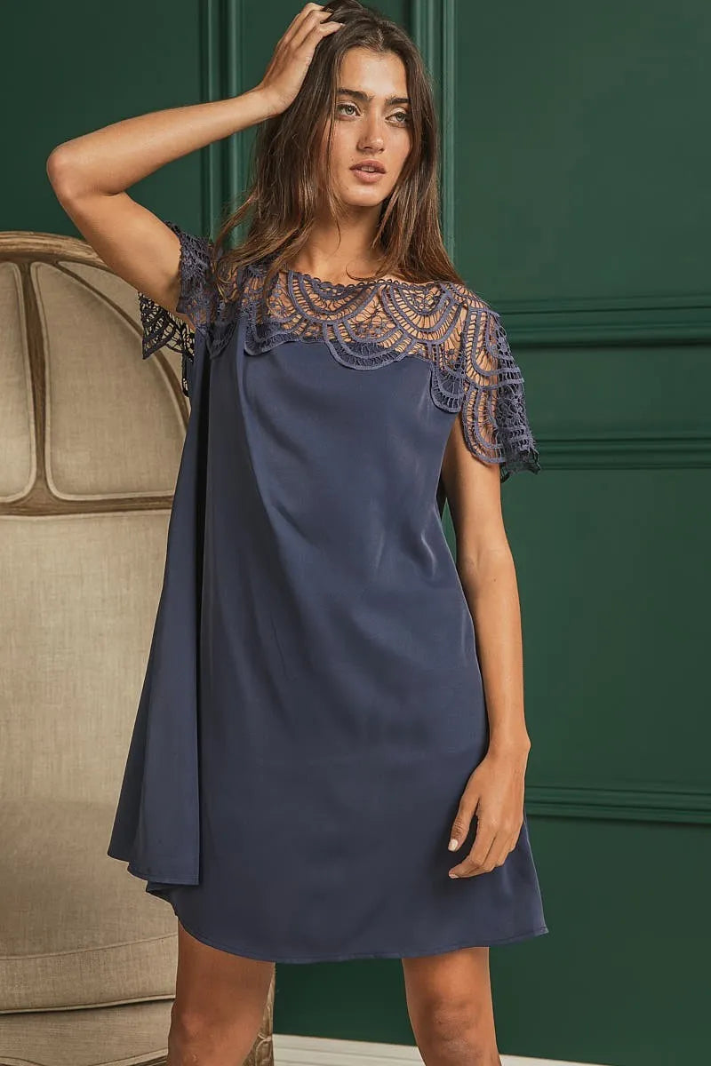 Image of BiBi Crochet Lace Yoke Detailed Wrinkled Dress | Queeble.shop