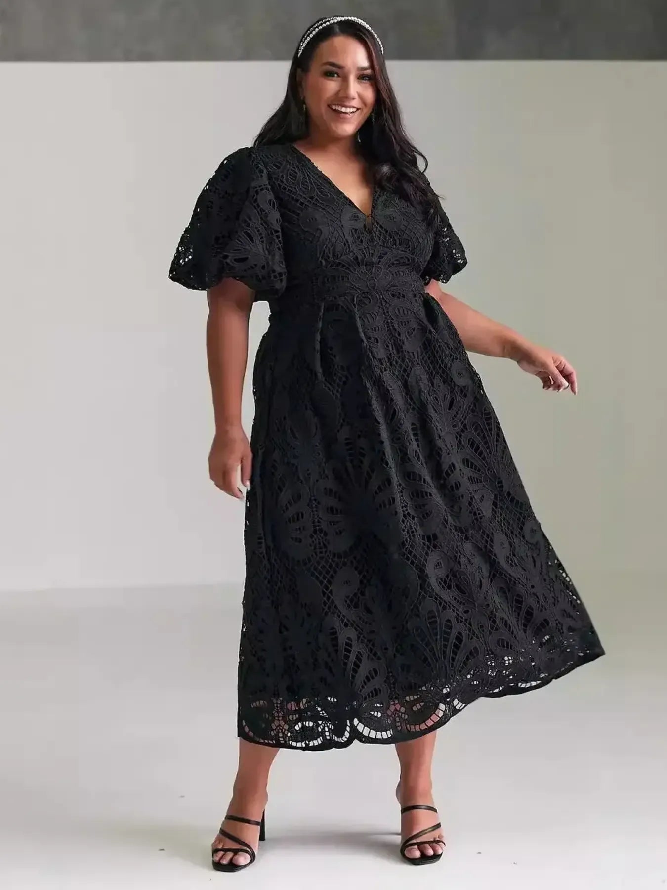 Image of Lace V-Neck Midi Dress with Puff Sleeves | Queeble.shop