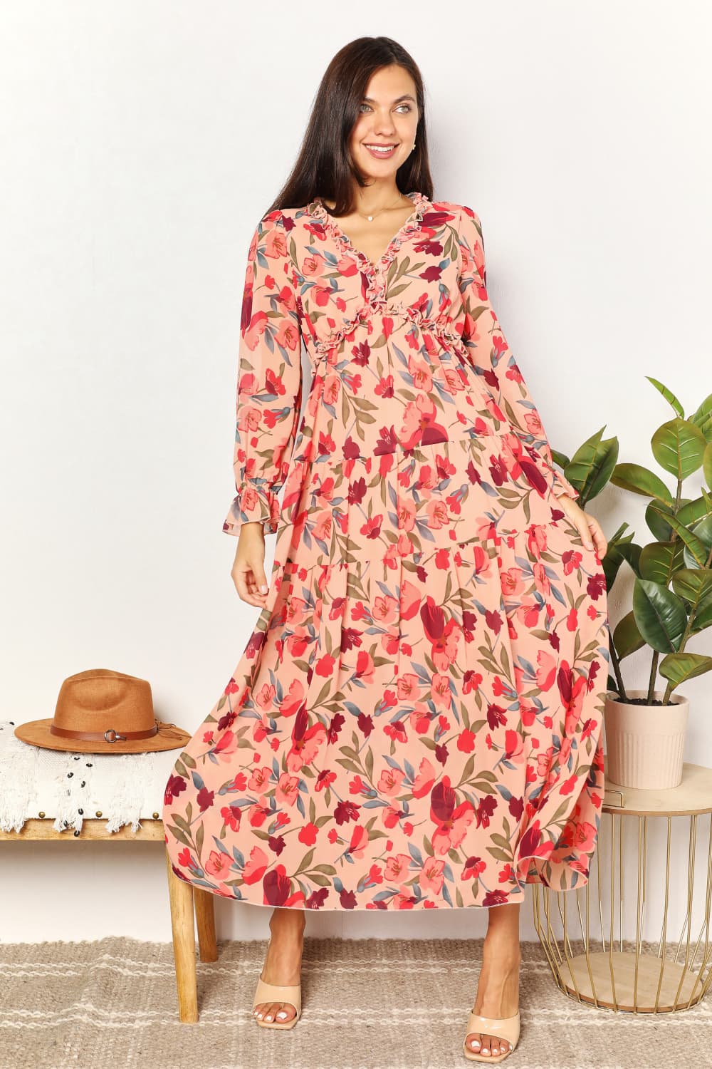 Image of Double Take Floral Frill Trim Flounce Sleeve Plunge Maxi Dress | Queeble.shop