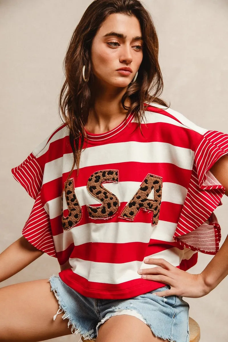 Image of BiBi Stripe Mixed Ruffle Sleeve Top With Leopard Letter | Queeble.shop