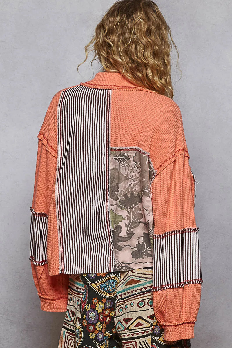 Image of POL Button Down Patchwork Multi-Pattern Jacket | Queeble.shop