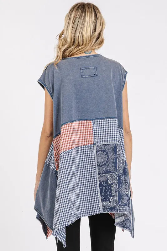 Image of Mittoshop Patchwork Mineral Washed Round Neck Cap Sleeve Top | Queeble.shop