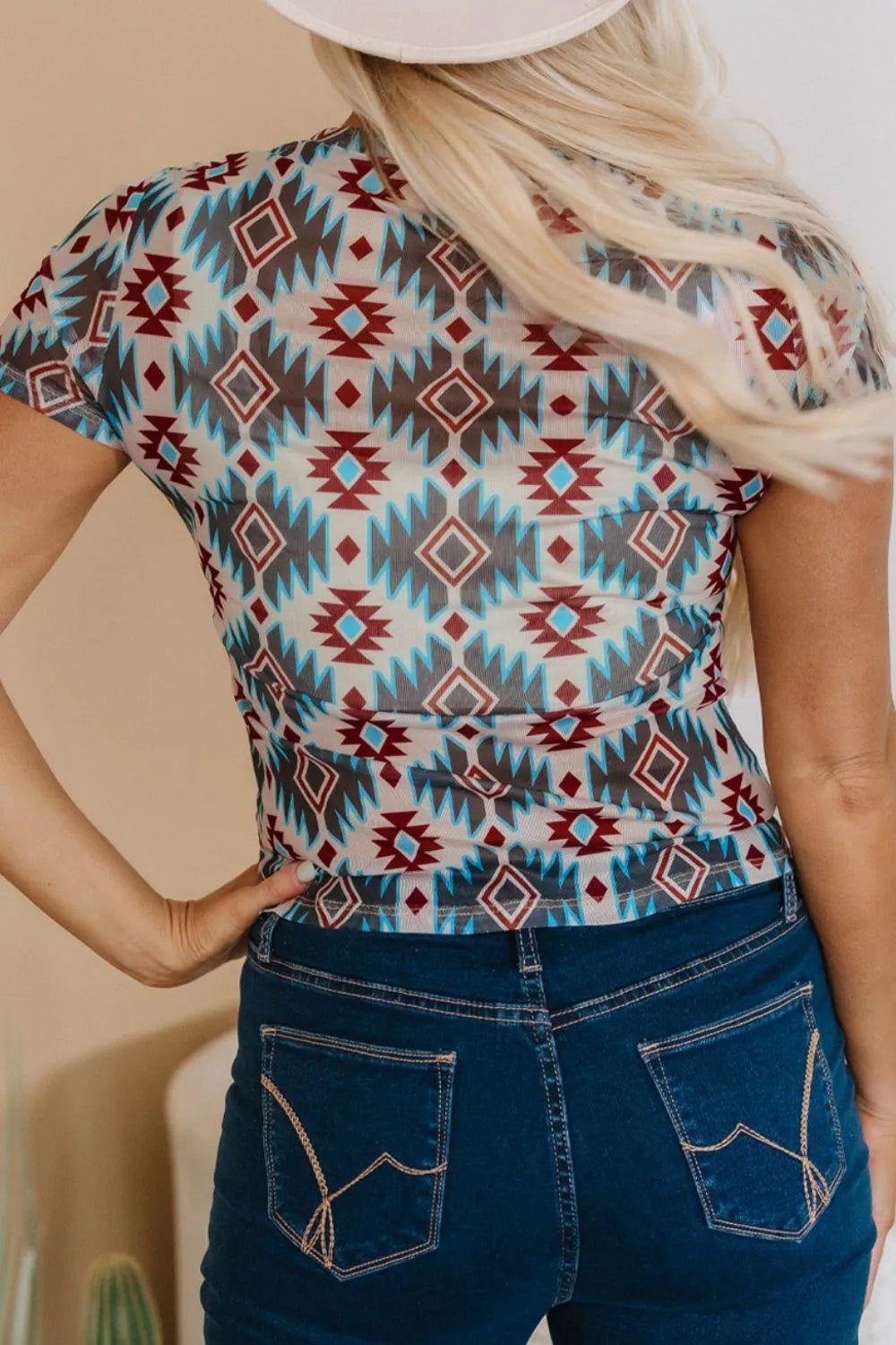 Image of Western Aztec Print Mesh Slim T Shirt | Queeble.shop