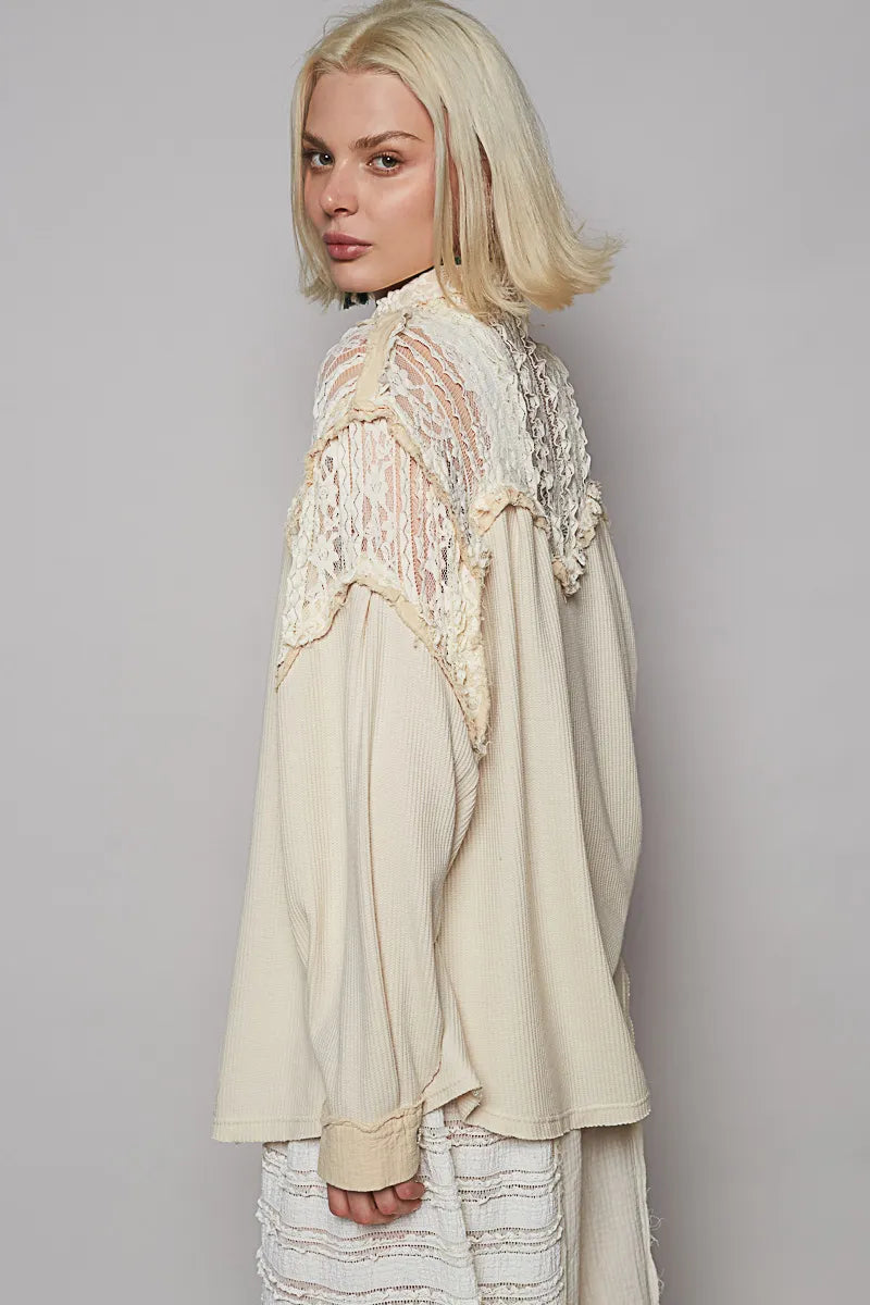 Image of POL Lace Patchwork Button Up Shacket | Queeble.shop