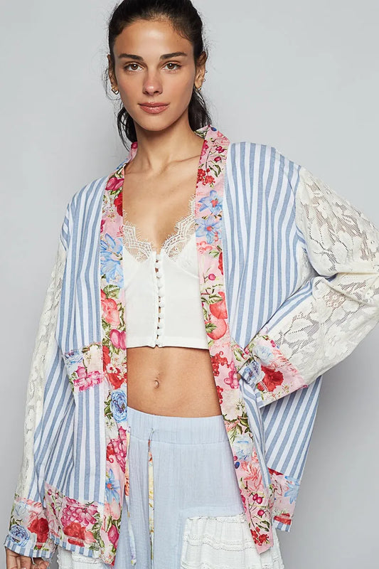 Image of POL Lace Long Sleeve Striped Cardigan with Floral Patchwork Detail | Queeble.shop