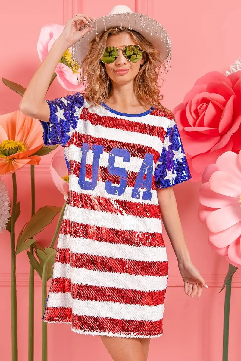 Image of BiBi American Flag Theme Usa Print Sequin Dress | Queeble.shop