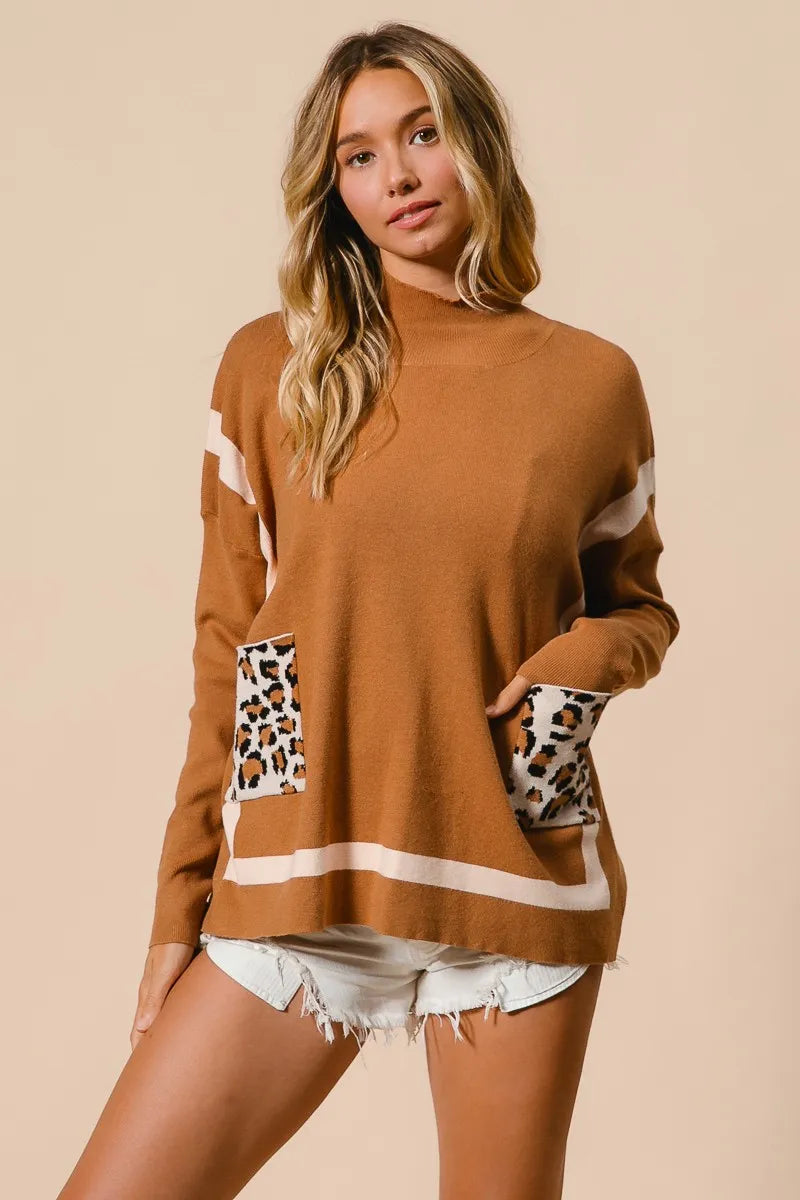 Image of BiBi Mock Neck Sweater with Leopard Pocket | Queeble.shop