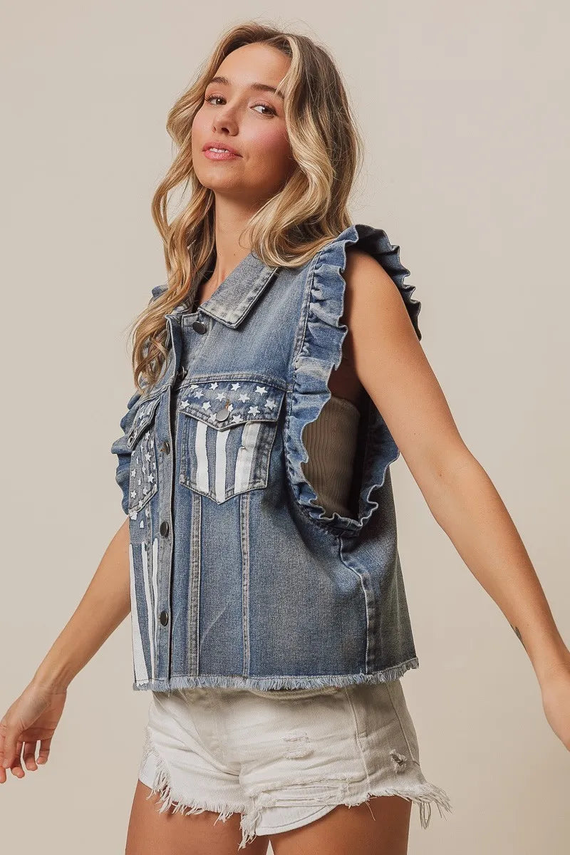 Image of BiBi American Flag Washed Denim Jacket | Queeble.shop