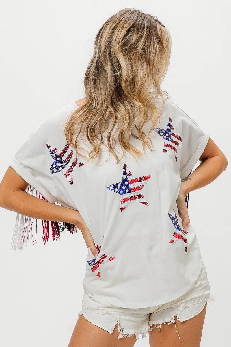 Image of BiBi American Flag Sequin Star Fringe Top | Queeble.shop
