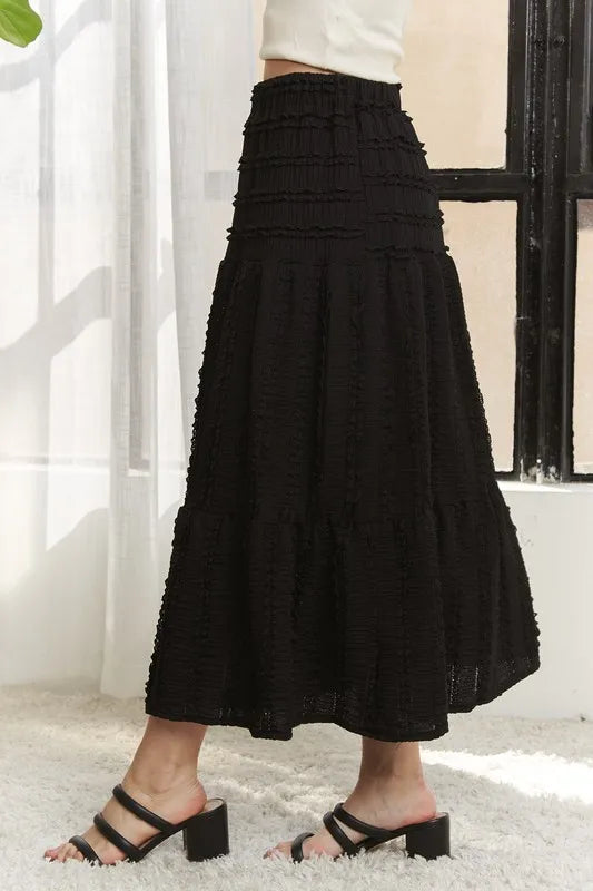 Image of ADORA Elastic Waistband Tiered Midi Skirt | Queeble.shop