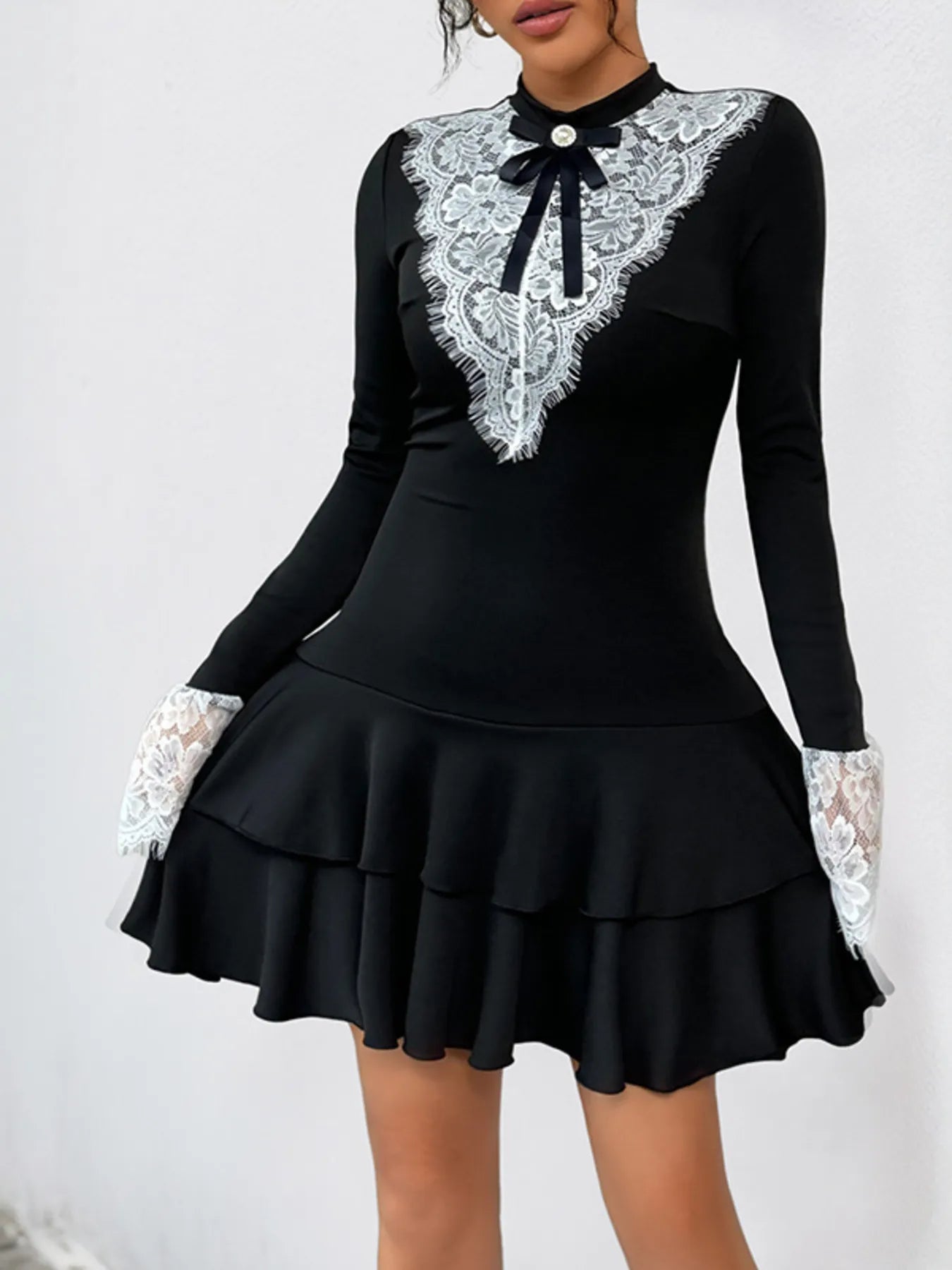 Image of Lace Detail Long Sleeve Mini Dress | Queeble.shop