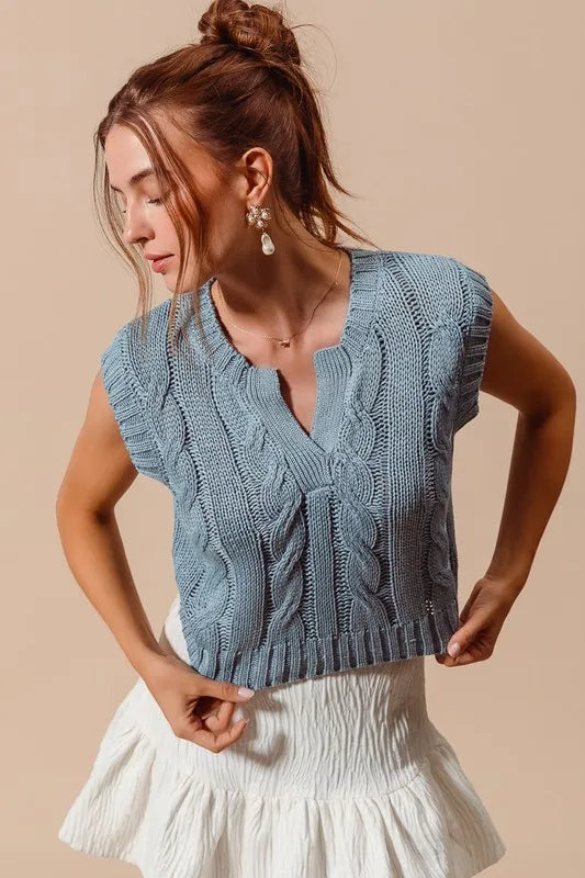Image of SO ME Notched Neck Cable Knit Sweater Vest | Queeble.shop