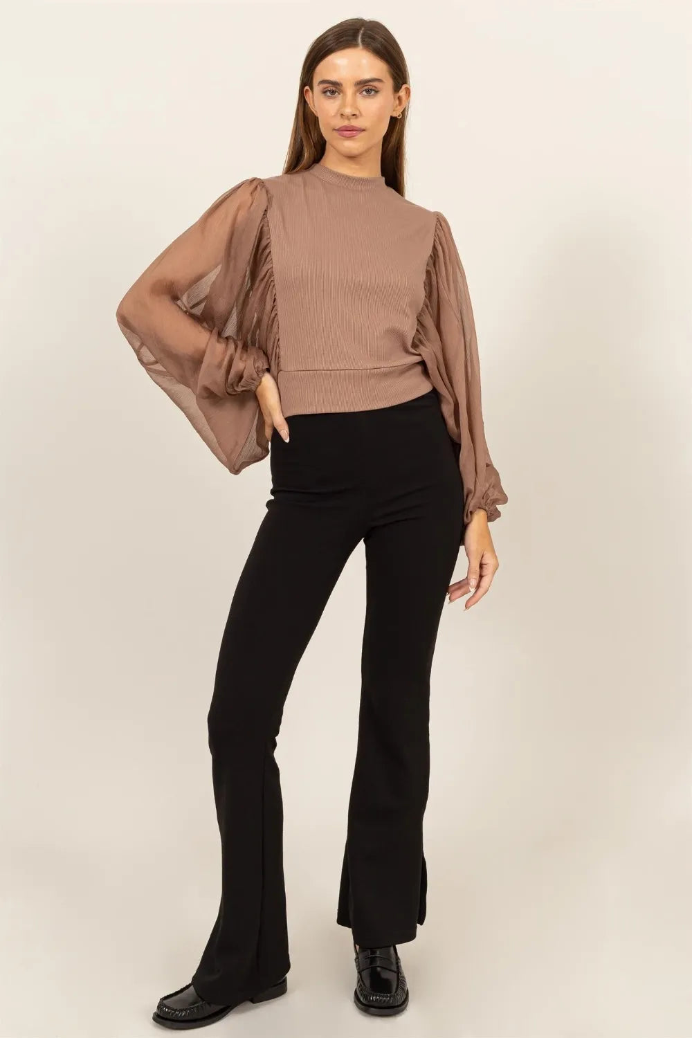 Image of HYFVE Ruched Sheer Long Sleeve Mock Neck Blouse | Queeble.shop