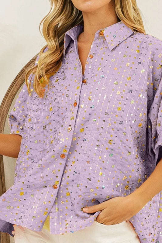 Image of BiBi Sequin Striped Short Dolman Sleeve Blouse | Queeble.shop