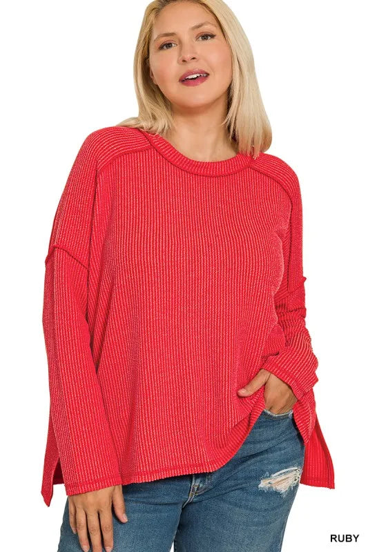 Image of Zenana Full Size Exposed Seam Long Sleeve Corded Rib Knit Top Plus Size | Queeble.shop