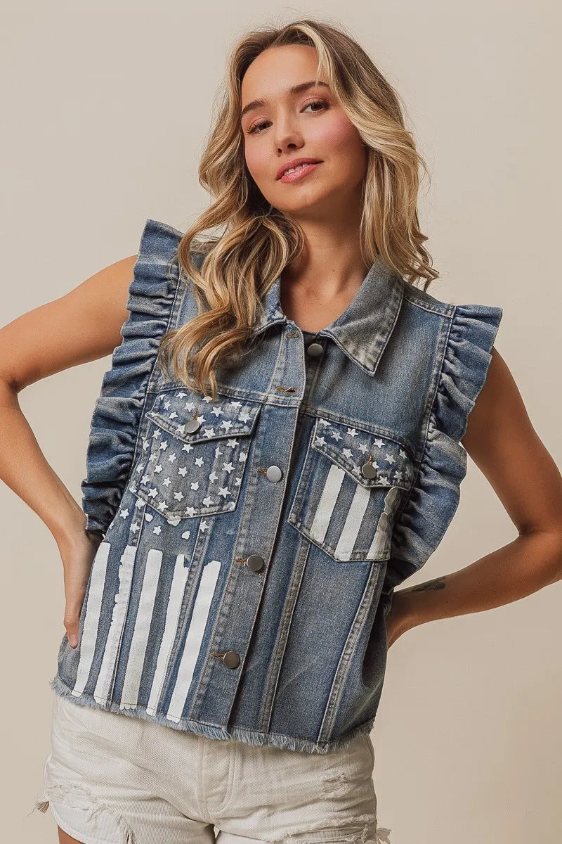 Image of BiBi American Flag Washed Denim Jacket | Queeble.shop