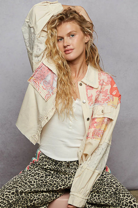 Image of POL Printed Woven Mix Raw Hem Jacket with Lace Detail | Queeble.shop