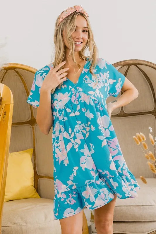 Image of BiBi Floral Crinkle Shirred Ruffle Detail V Neck Dress | Queeble.shop