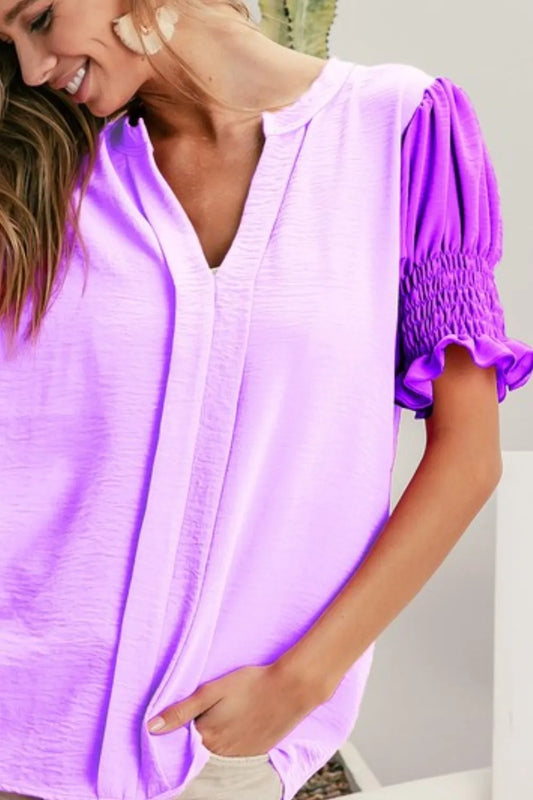 Image of BiBi Air Flow Color Block Puff Sleeves V Neck Top | Queeble.shop