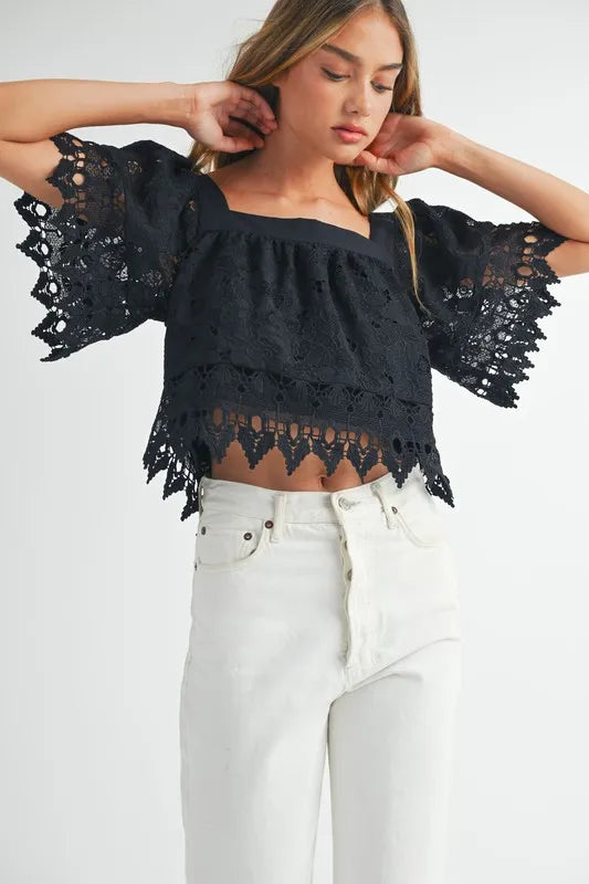 Image of MABLE Square Neck Crochet Lace Top With Double Bow Tie | Queeble.shop