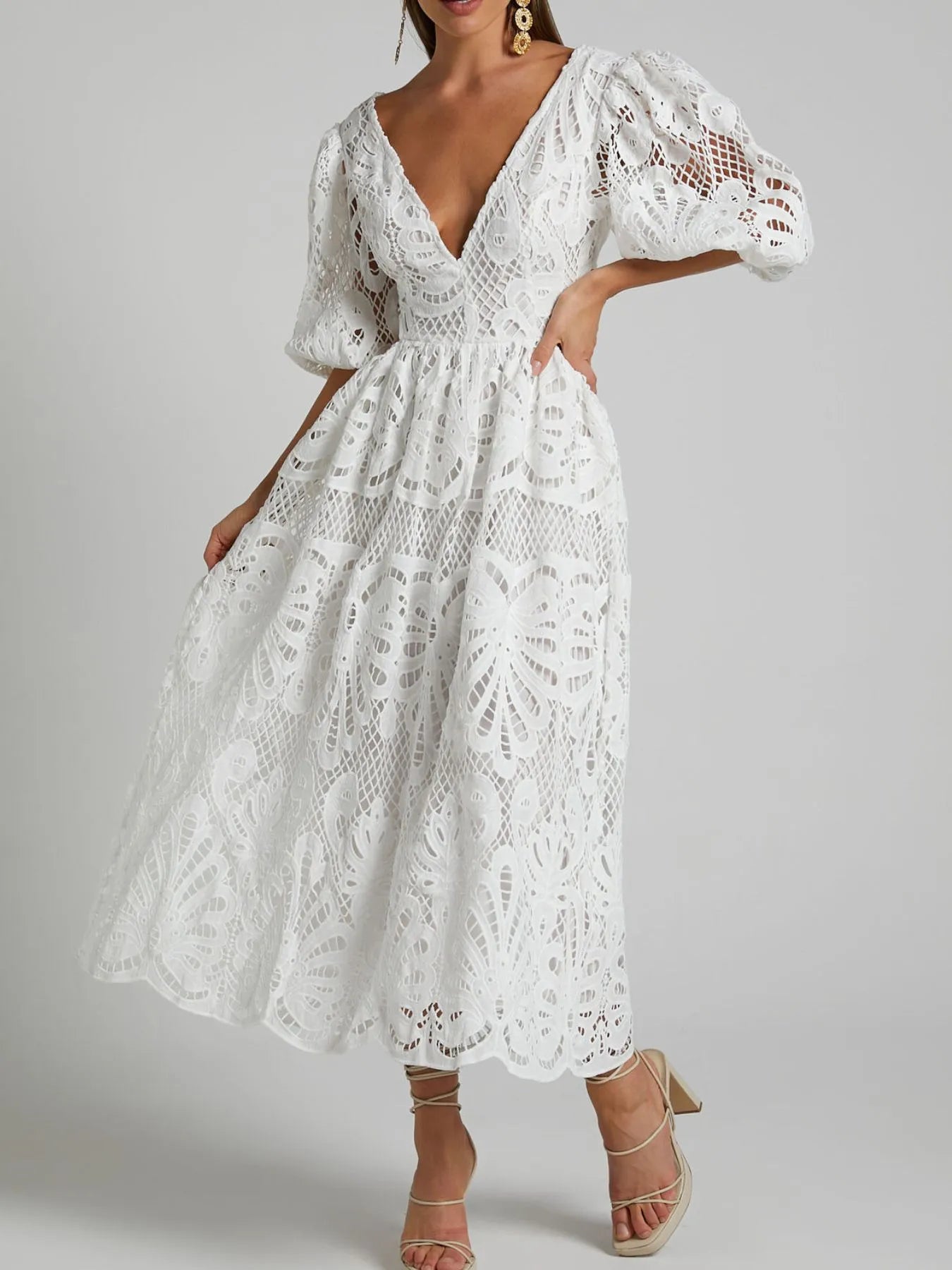 Image of Cutout Back Lace Crochet V-Neck Dress | Queeble.shop