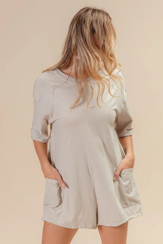 Image of BiBi Short Sleeve Back Open Washed Romper | Queeble.shop