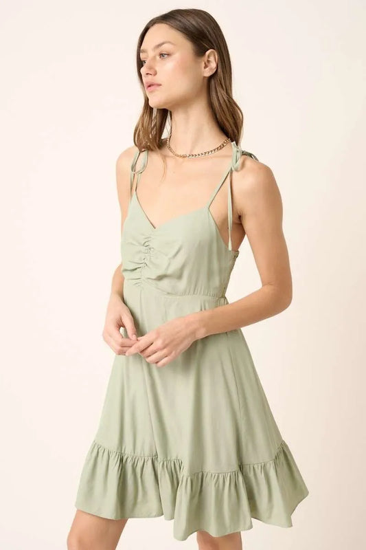 Image of Mittoshop Ruched Detail Spaghetti Tie Mini Dress | Queeble.shop