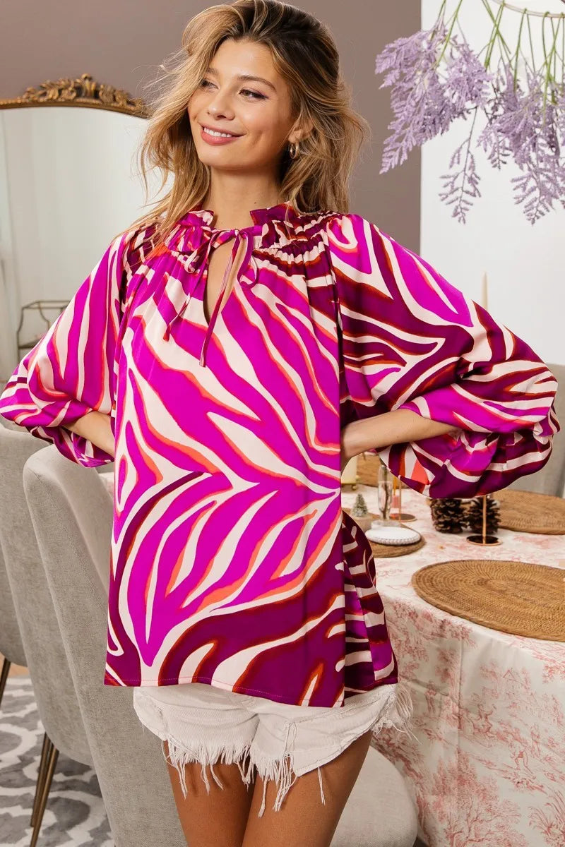 Image of BiBi Tied Neck Half Balloon Sleeve Zebra Satin Top | Queeble.shop