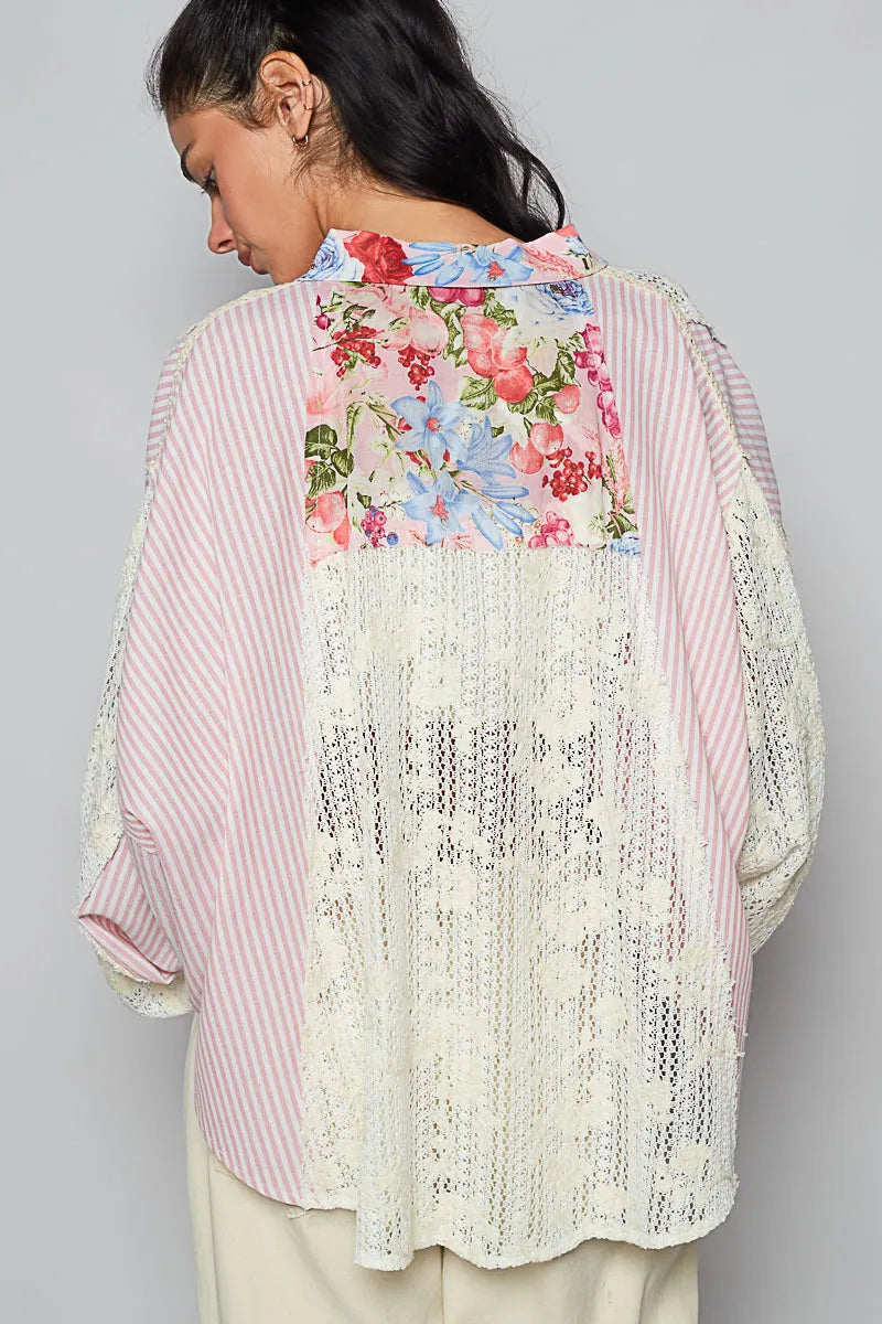 Image of POL Lace Long Sleeve Shirt with Floral and Striped Pattern | Queeble.shop