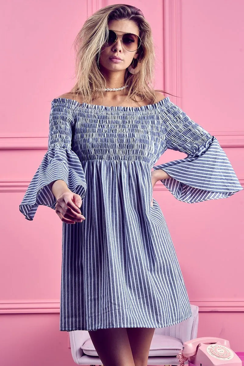 Image of BiBi Smocked Off Shoulder Striped Dress | Queeble.shop