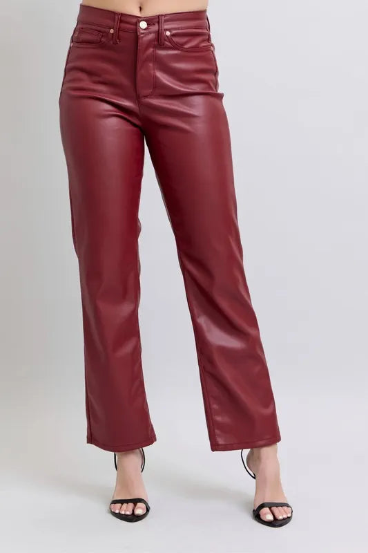 Image of Judy Blue Full Size High Waist Tummy Control Faux Leather Straight Pants Plus Size | Queeble.shop