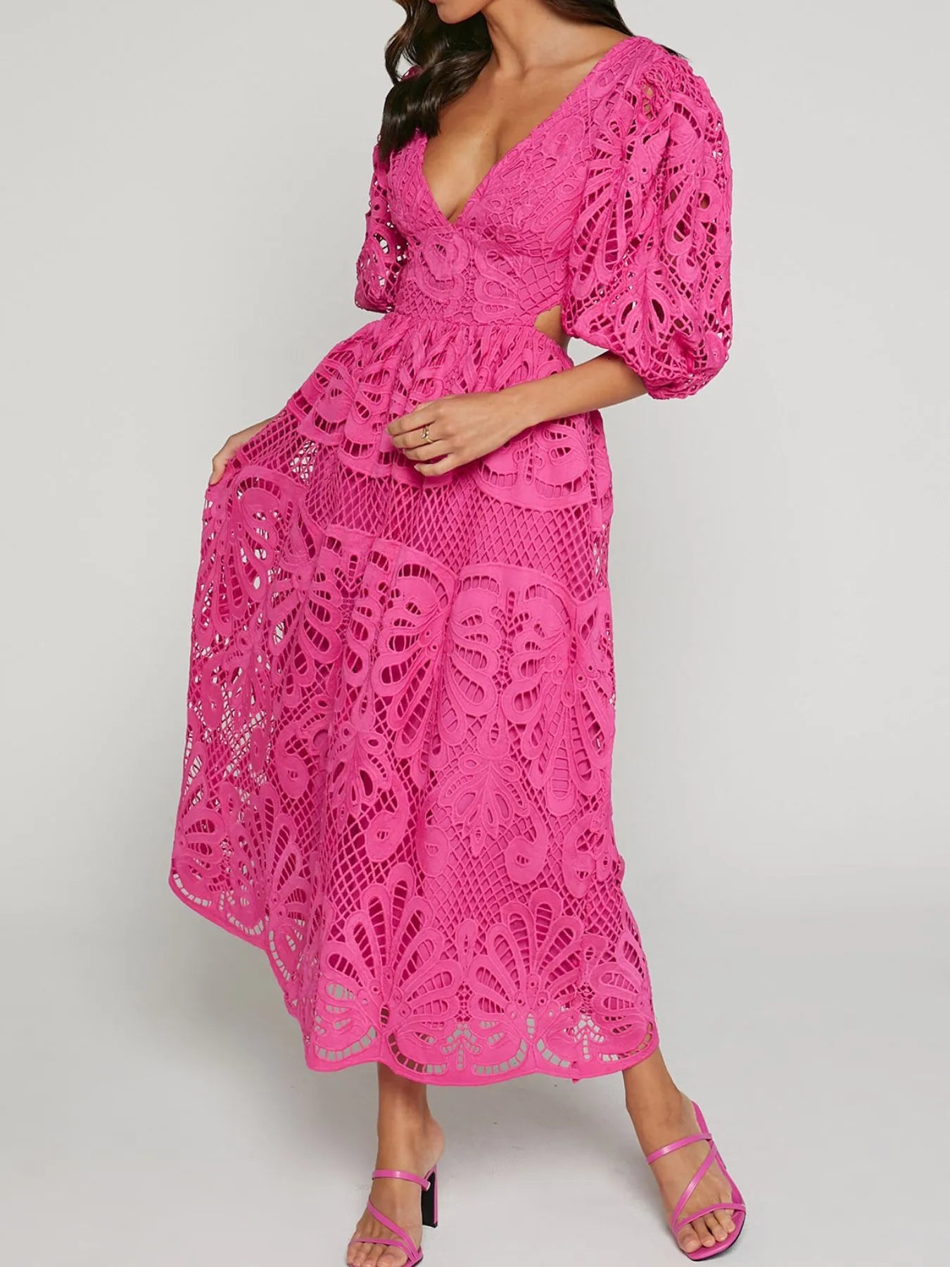 Image of Cutout Back Lace Crochet V-Neck Dress | Queeble.shop