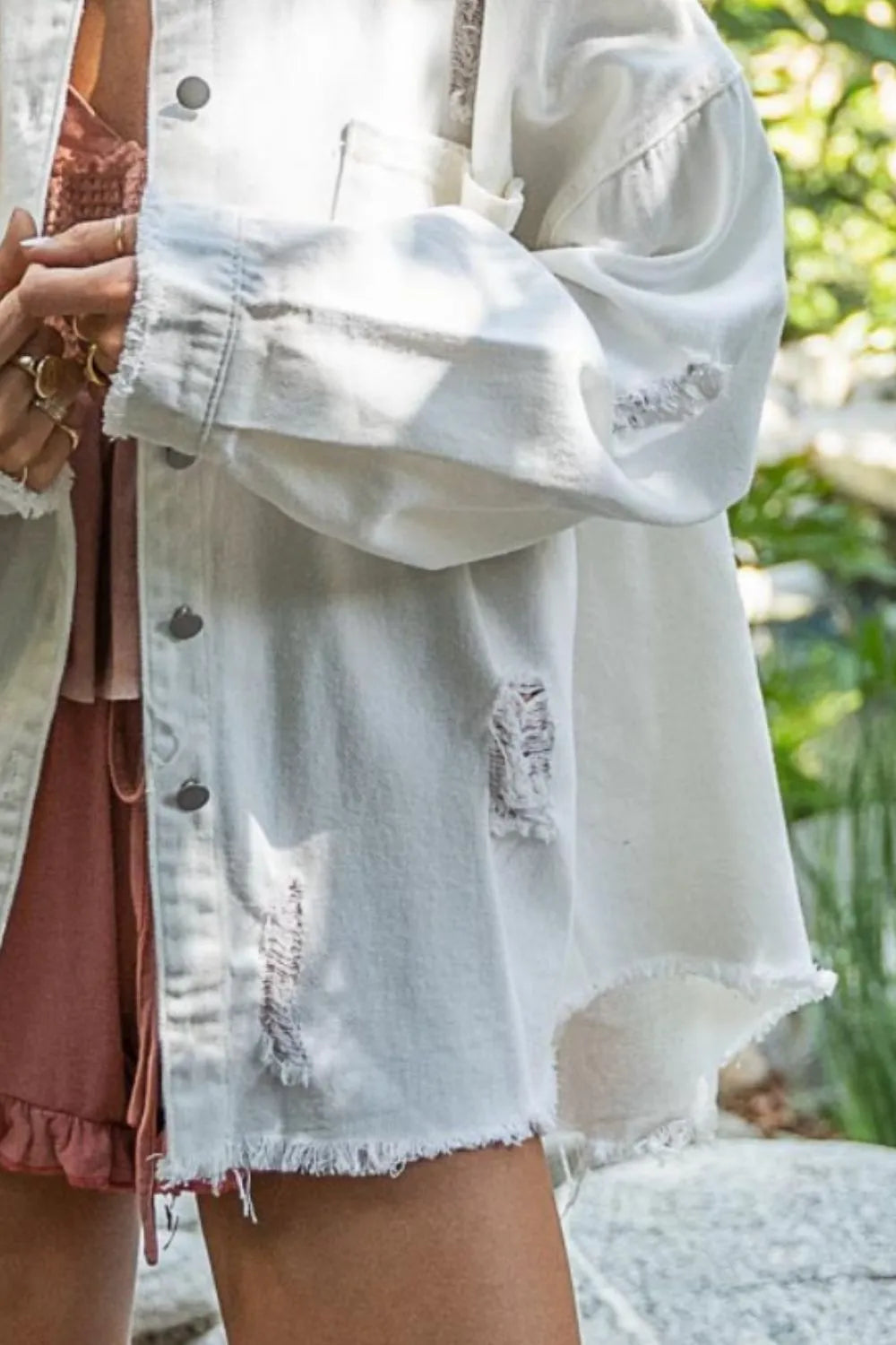 Image of POL Button Down Raw Hem Distressed Shacket | Queeble.shop